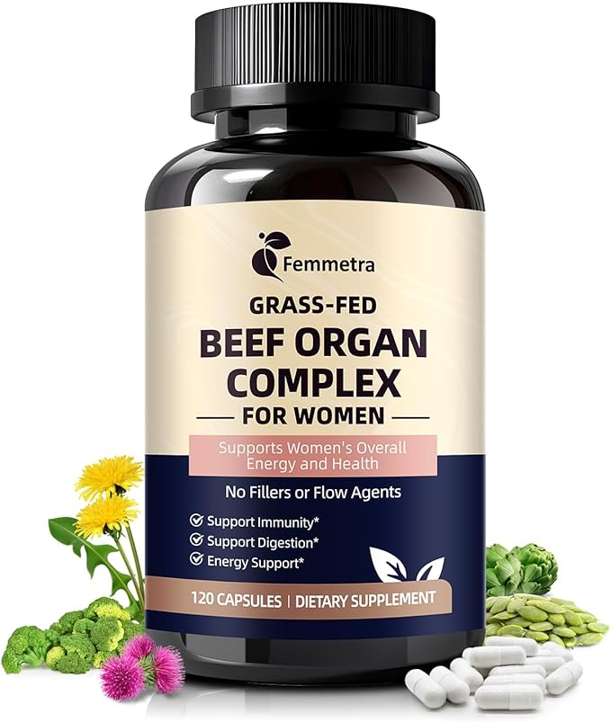 Female-Optimized Beef Organ Complex Superfood Supplement, Beef Liver, Kidney, Heart, Uterus & 6 More, Balance Hormones, Energy & Women's Overall Wellness, with Milk Thistle, Zinc, Grass-Fed, 60 Day