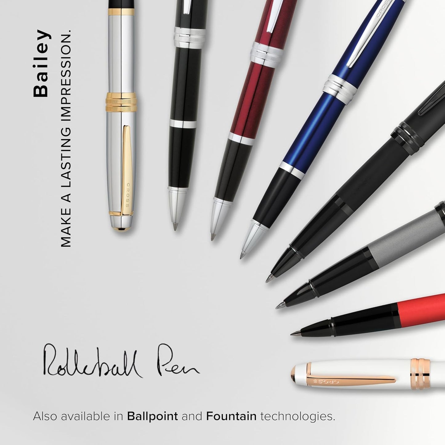 Cross Bailey Refillable Rollerball Pen Presented in a Premium Gift Box - Medium Point, Black Ink, White & Rose Gold