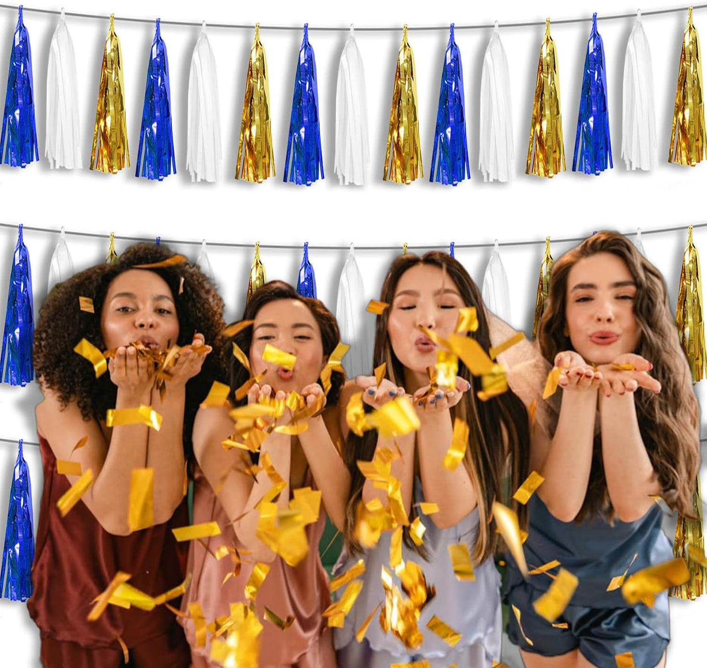 3P Metallic Fringe Tassel Banner Garland Foil Tinsel Streamer Wall Hanging Curtain Backdrop Banners for Parade Floats Birthday Party Graduation Retirement Party Decorations(Navy-Blue White and Gold)