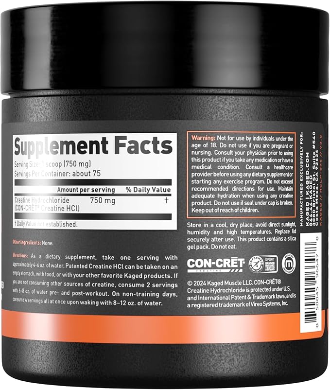 Kaged Creatine HCl Powder, Unflavored, Muscle Building and Recovery Supplement, Patented Formula, Highly Soluble Powder, 75 Servings