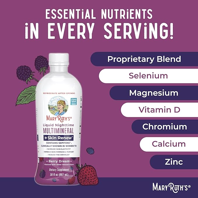 MaryRuth's Liquid Nighttime Liquid Multimineral + Skin Renew | Clinically Shown in Women to Reduce Fine Wrinkle & Improve Skin Firmness | Sepitone | NO Melatonin | Magnesium | Vegan | 30 Servings