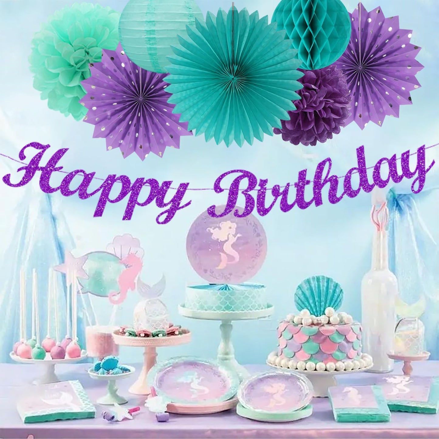 Teal-purple Lavender Girl Mermaid-birthday Party-decorations - 21pcs Happy Banner,Under The Sea Ocean Paper Lanterns Honeycomb Streamers,Tissue Pom Poms Flower Fan,Classroom Hanging Decor Huglony