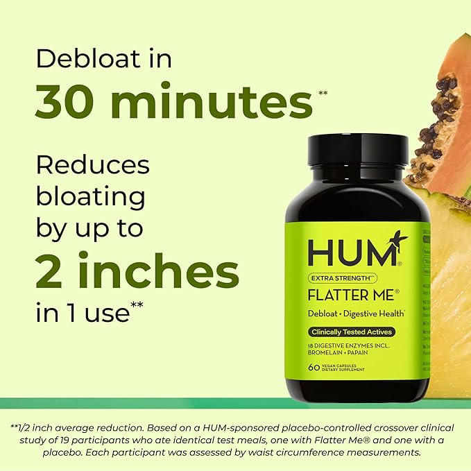 HUM Flatter Me Extra Strength Digestive Enzymes - Fast-Acting Bloat Relief for Digestive Health & Debloating Multi Enzyme, Vegan, 60 Servings