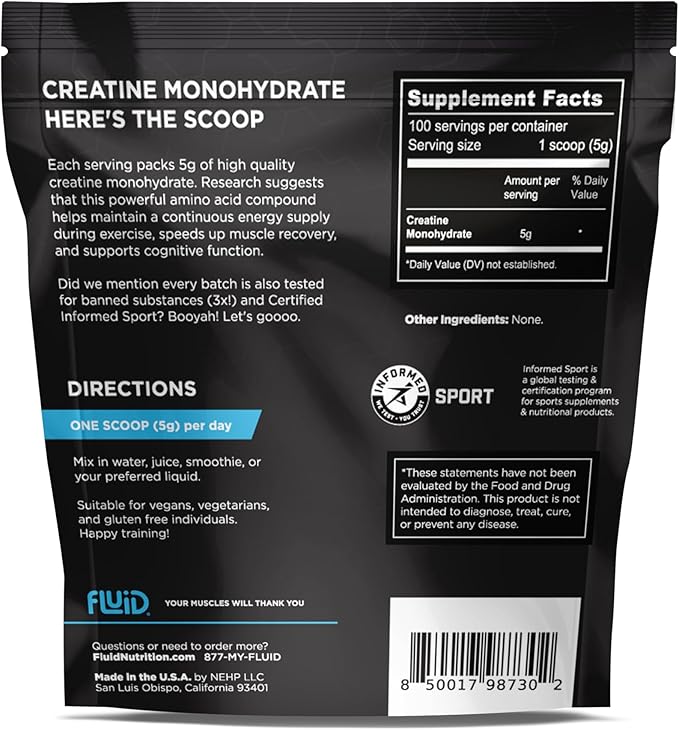 Fluid Creatine - 100% Creatine Monohydrate Powder, Unflavored, Informed Sport Certified, 5g per Serving (100 Servings)