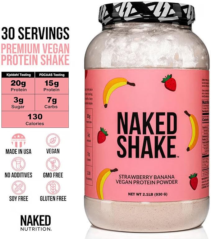 NAKED Shake - Vegan Protein Powder, Strawberry Banana - Flavored Plant Based Protein with Mct Oil, Gluten-Free, Soy-Free, No Gmos Or Artificial Sweeteners - 30 Servings