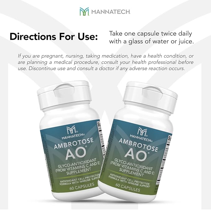 Mannatech Ambrotose AO 60 Capsules Loaded w/ Vitamin C and Vitamin E. Helps Body Against Free Radicals. Gluten-Free, Dairy-Free & Vegetarian-Friendly Immune Support Supplement