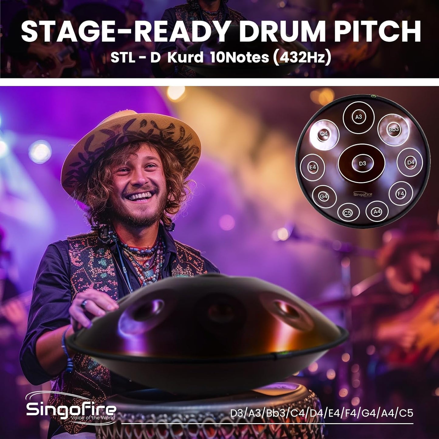 "SINGOFIRE" Handpan Drum, Handpan Drums for Adults, 22-Inch 432Hz D Minor Kurd Handpan, HandPan Instrument (Purple-10Notes(432HZ), 22-Inch)