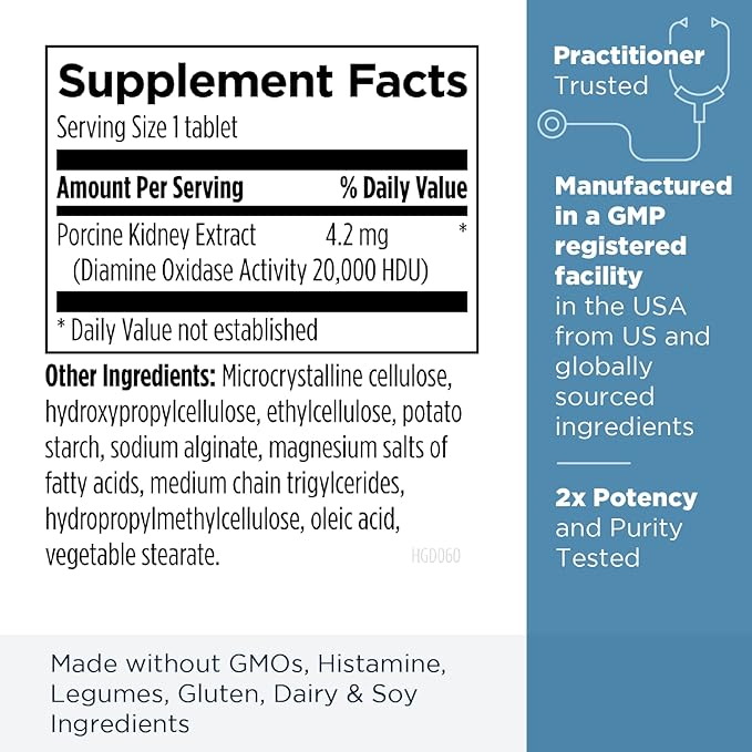Designs for Health HistaGest-DAO - Diamine Oxidase DAO Enzyme to Support Digestion of Histamine-Containing Foods - 20,000 HDU DAO Diamine Oxidase Enzymes (60 Gastro-Resistant Tablets)