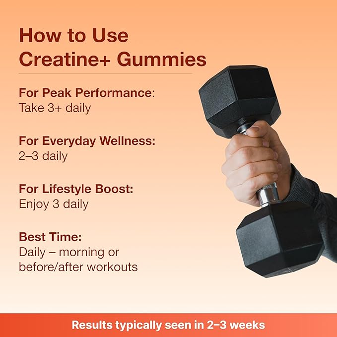 Creatine Gummies for Men & Women - Creatine Monohydrate, L-Theanine, L-Tyrosine & B12 for Muscle Growth, Strength, and Focus, Peach Mango, 3 Pack
