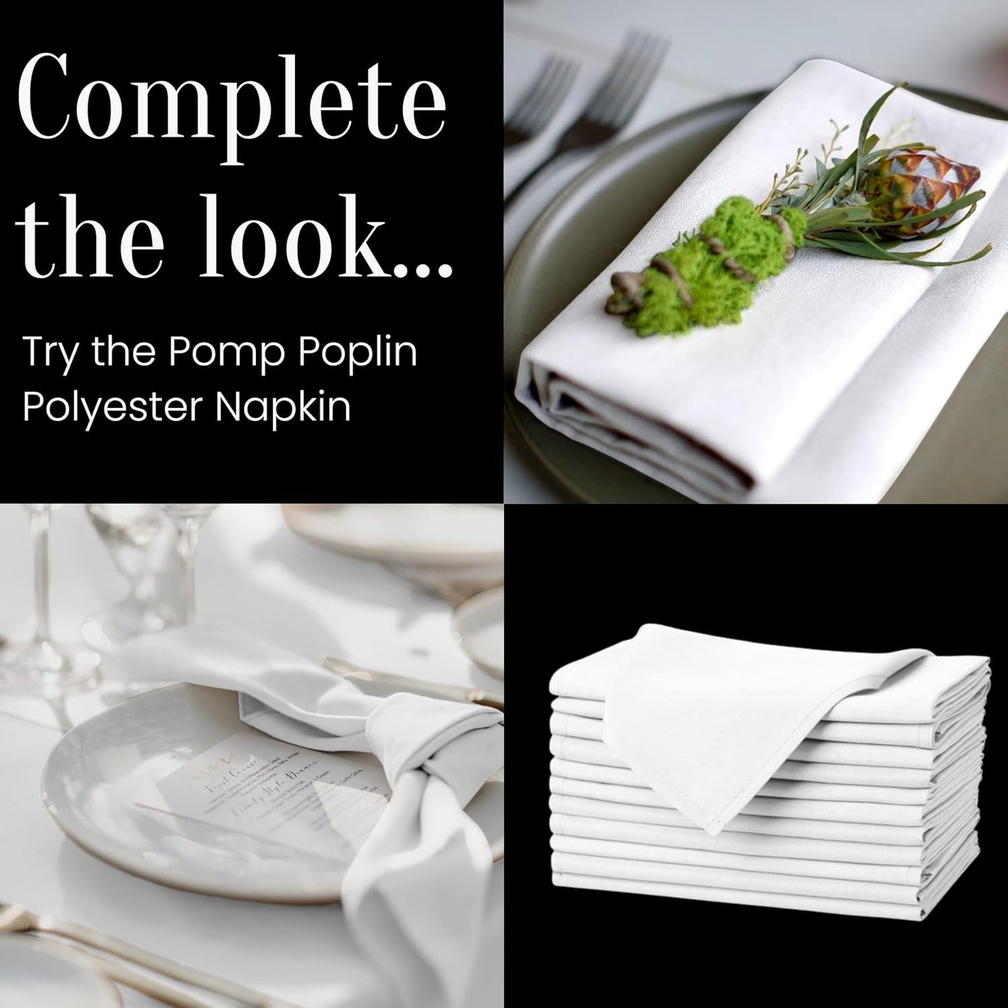 Pomp Pure White 70" x 70" Poplin Polyester Tablecloth (4 Pack) | Wrinkle + Stain Resistant Easy Care Premium Fabric | Fits Square or Round Table