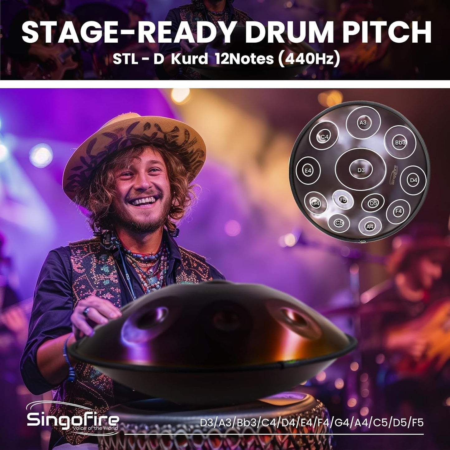 "SINGOFIRE" 12-Notes Handpan Drum, Handpan Drums for Adults, 22-Inch 440Hz D Minor Kurd Handpan, HandPan Instrument with Soft Handpan Bag, 2 Handpan Mallets, Handpan Stand and Dust-Free Cloth(Purple)