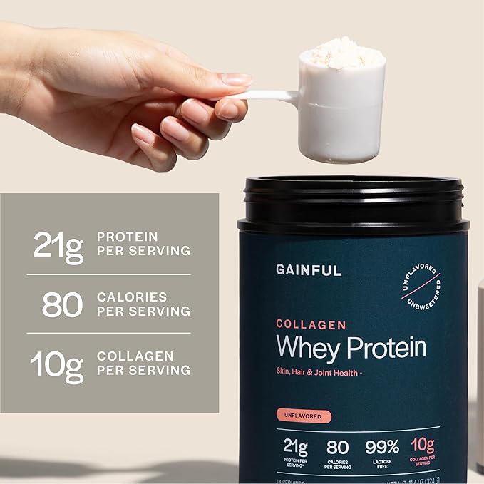 Gainful Collagen Whey Protein Powder, 21g Protein per Serving, Unflavored, Supports Muscle Recovery, Joint Health, and Skin Hydration with Grass-Fed Collagen Peptides, Vitamin C, 14 Servings