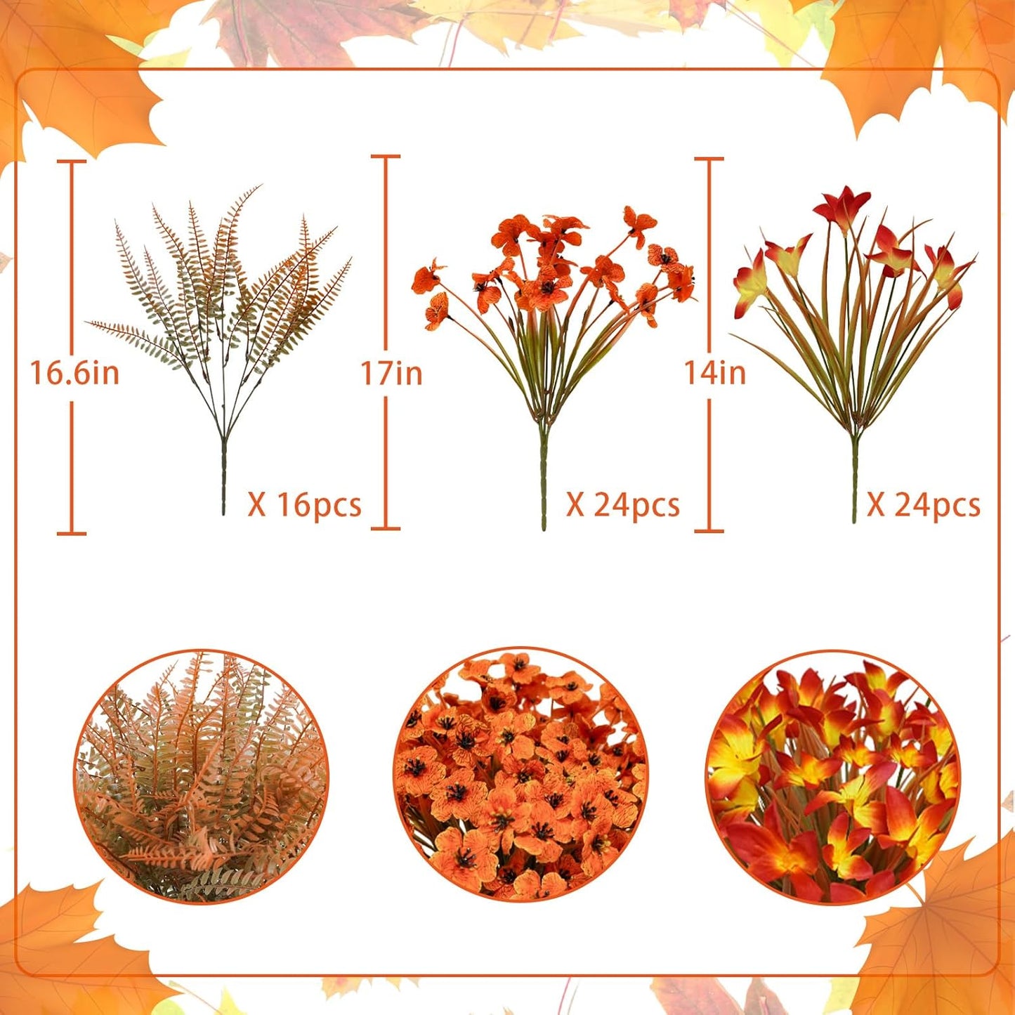 64Pcs Fall Flowers Outdoor Faux Fall Flowers Plants UV Resistant Autumn Artificial Plastic Flowers Greenery Fall Decoration for Outside Home Porch Patio Thanksgiving Decoration