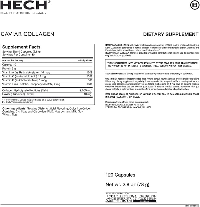 HECH Caviar Collagen Capsules - Beauty Supplement with 2,000 mg Marine Collagen Peptides, Caviar Extract and Vitamin Complex