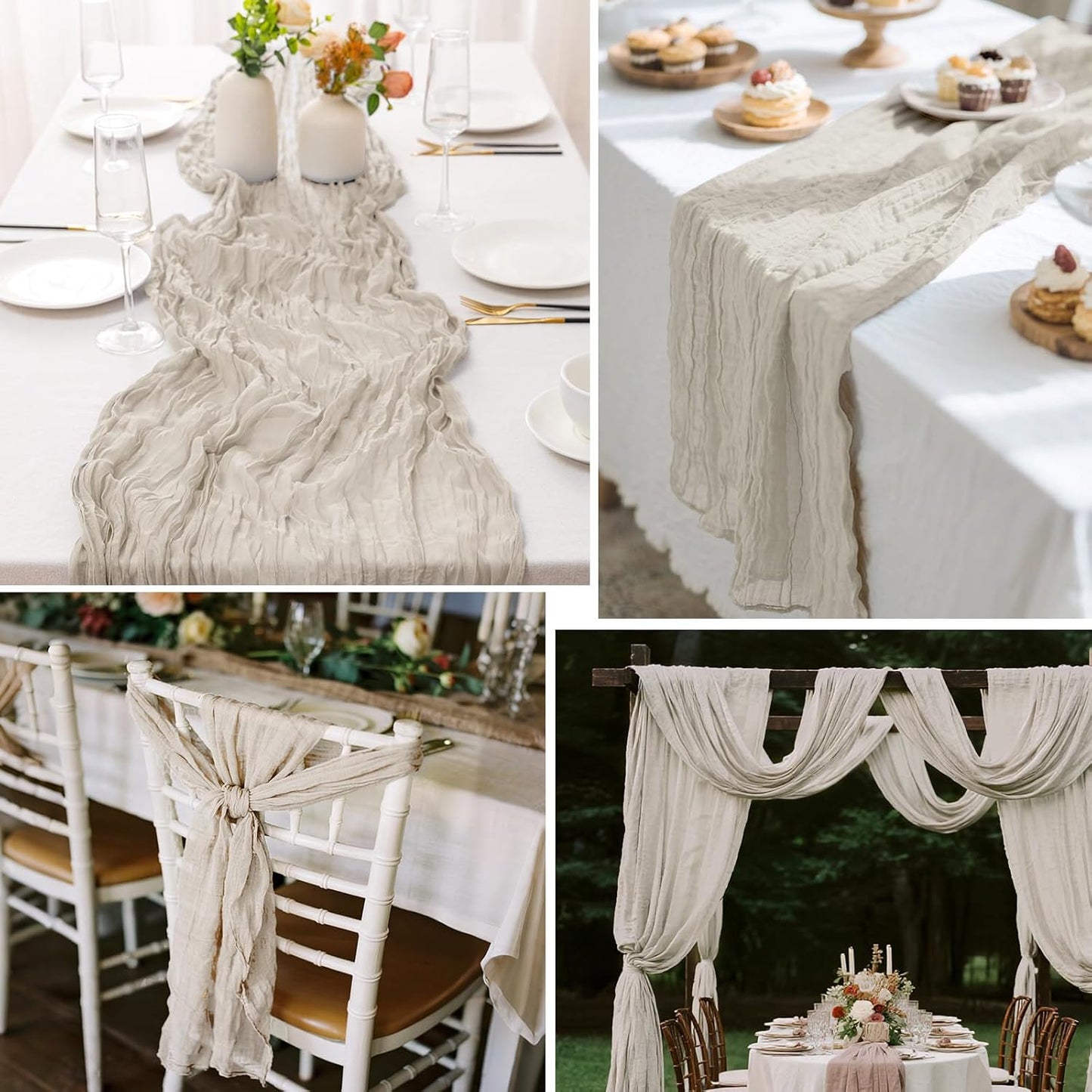 2 Pcs Begie Cheesecloth Table Runner - 120 inch 10FT Boho Rustic Gauze Cheese Cloth Table Runner Decor for Spring Summer Party Wedding Birthday Baby Bridal Shower Home