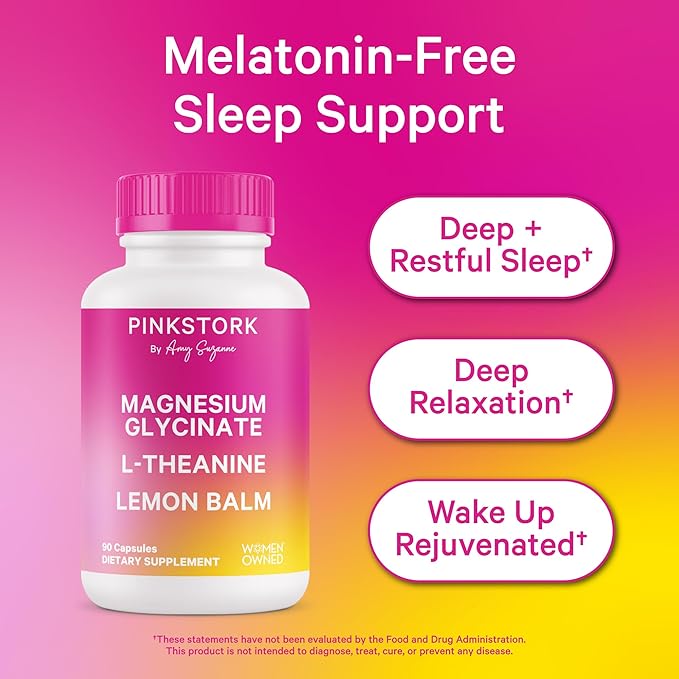 Pink Stork Magnesium Glycinate, L-Theanine, Lemon Balm - Melatonin-Free Magnesium for Sleep Support - Natural Calm and Relaxation - 90 Capsules
