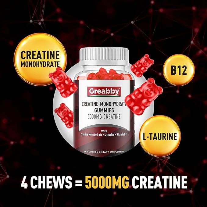 Creatine Monohydrate Gummies - 5g Creatine Monohydrate with L-Taurine, B12, Mixed Berry Flavor, 120 Count