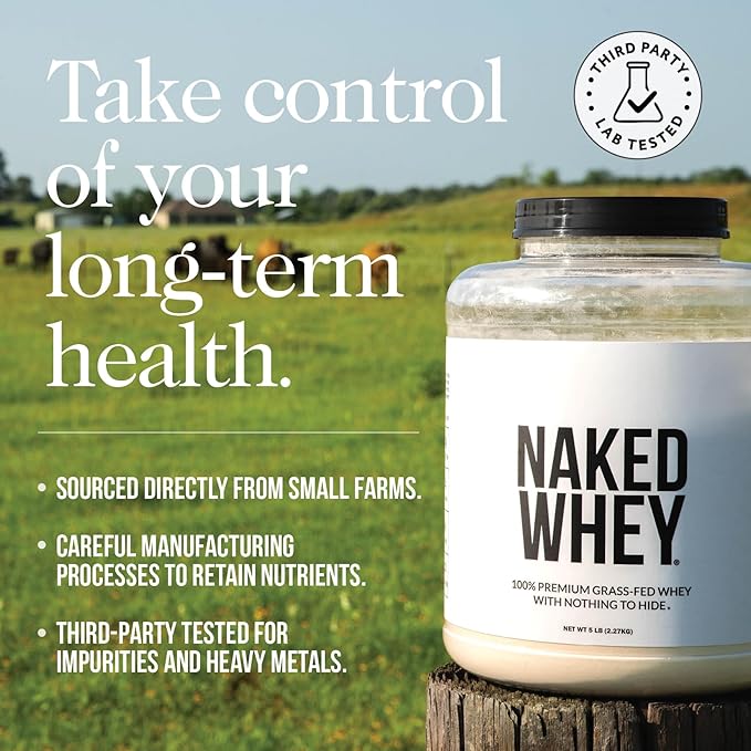 NAKED Vanilla Whey Protein Powder - All Natural Grass Fed Whey Protein Powder, Vanilla Flavor, Organic Coconut Sugar, 5Lb Bulk, GMO-Free, Soy Free, Gluten Free - 61 Servings