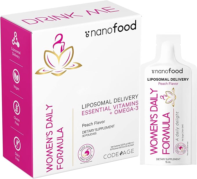 Codeage Liposomal Women's Daily Vitamins Liquid Pouch Formula, Vegan Omega-3 Liquid Multivitamin Supplement, Biotin, Vitamins A, B, C, D, E, Riboflavin, Berry - Non-GMO - 30 Pouches