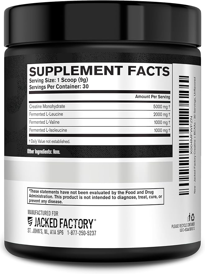 Jacked Factory Creatine + BCAAs - Creatine Monohydrate + BCAA Powder for Increased Post-Workout Recovery, Performance, Lean Muscle Growth, & Reduced Fatigue - 30 Servings, Unflavored