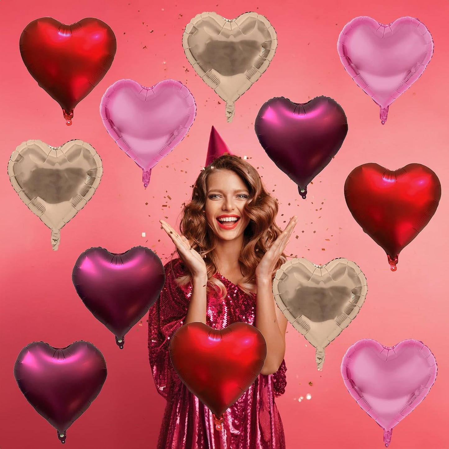 Wine Red Heart Balloons, 18 Inch 12 Pcs Burgundy Red and Pink Foil Heart Balloons Red and Rose Gold Heart Shape Mylar Balloons Party Decoration for Birthday Wedding Valentines Anniversary