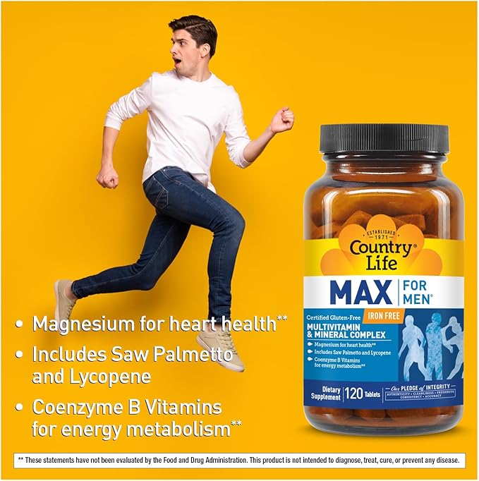 Country Life Max for Men Multivitamin: Iron-Free, Gluten Free, Saw Palmetto, Lycopene, Daily Support for Energy, Heart & Men's Health,120 Vegetarian Tablets