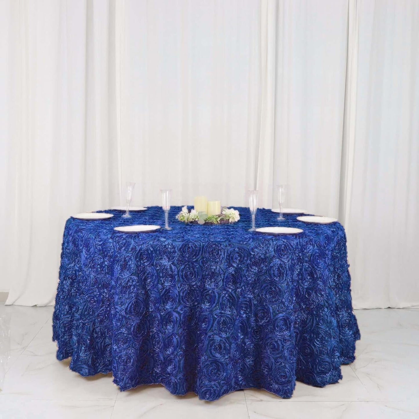 Efavormart 120" Wholesale Round Table Cover Royal Blue Grandiose Rosette 3D Satin Tablecloth for Wedding Party Event Decoration
