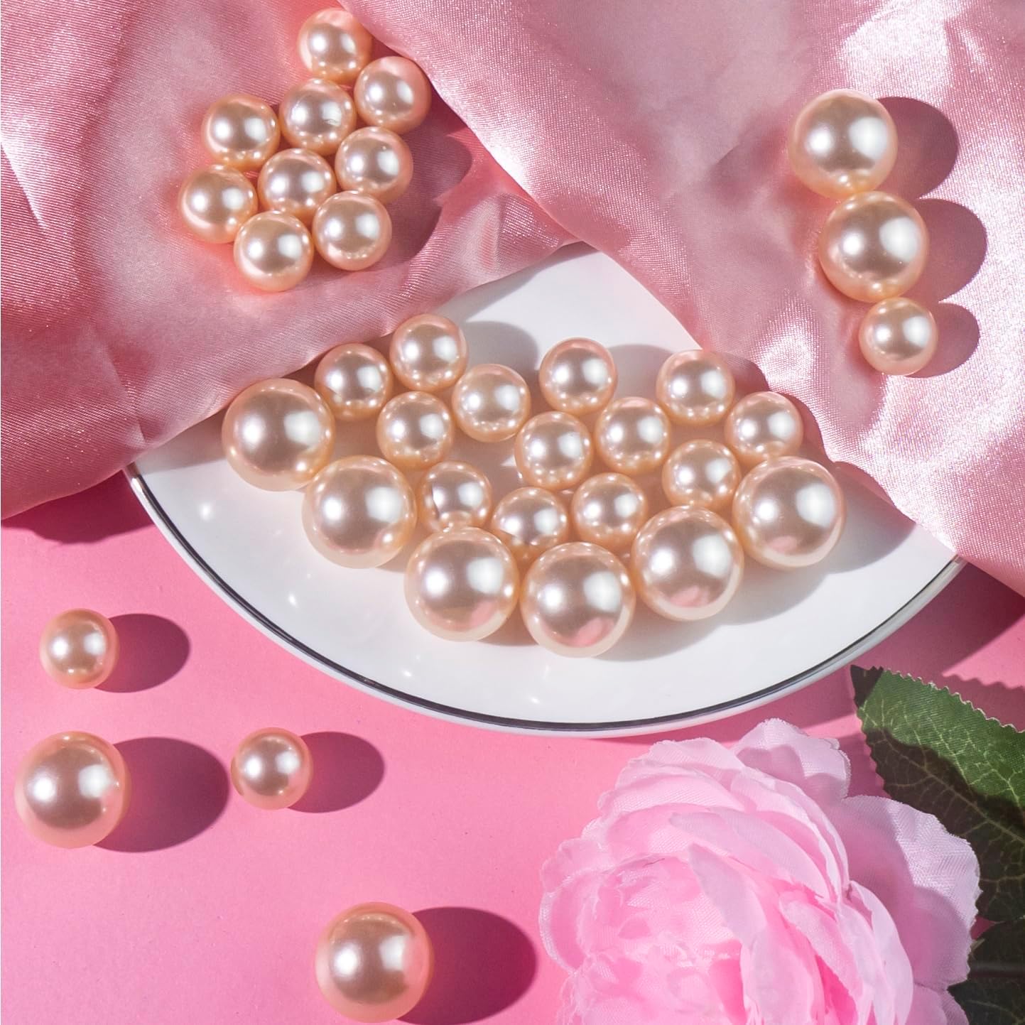 300Pcs Champagne Polished No Hole Faux Pearl Beads for Vase Filling Decorations, Plastic Pearls Vase Fillers, Table Scatters, Wedding Centerpiece, Home Decor, 8/14/20 mm