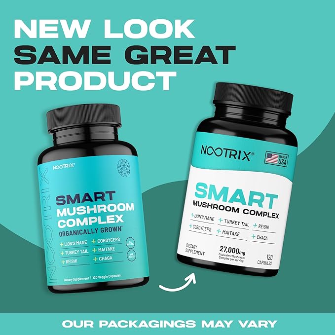 Smart Mushrooms Complex Supplement | Supports Memory, Mental Focus, Cognitive Health & Energy | 27,000mg Organic Mushrooms | Lions Mane, Reishi, Cordyceps, Chaga & Turkey Tail | 120 Capsules