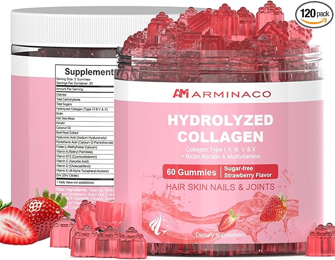 Collagen Gummies for Women – Low Sugar, Strawberry Flavor, Type I II III V X Collagen with Biotin, Vitamin C D B12 Zinc – Hydrolyzed Peptides for Hair Skin Nails Joints – 2 Pack (120 Gummies)