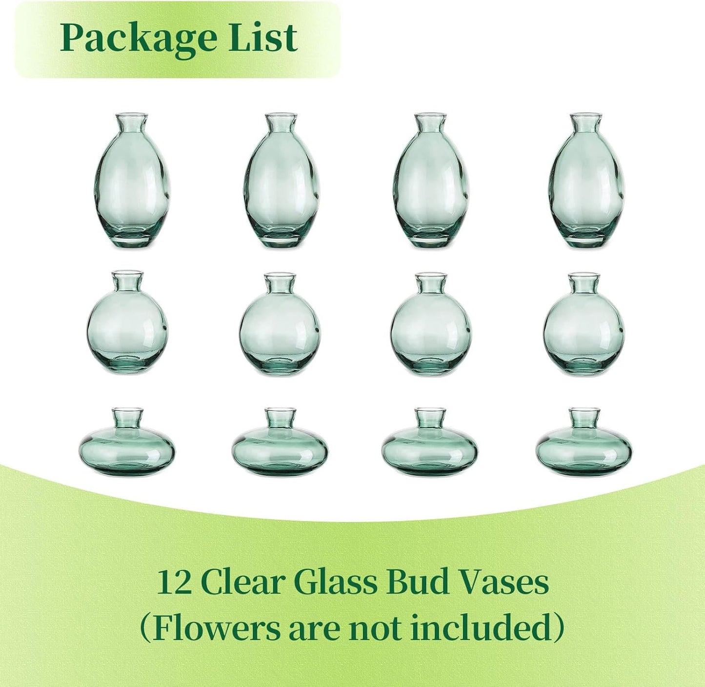 Glass Bud Vases Set of 12, Hewory Cute Green Small Vases Handmade, Mini Glass Flower Vase for Floral Arrangement, Tiny Centerpiece for Home Office Wedding Party Events Table Decor (Not Include Flower)