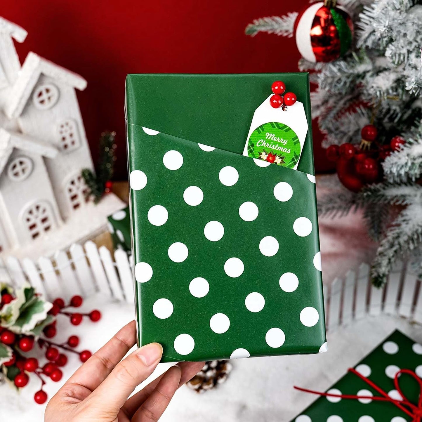 Burymento Green and White Dots Wrapping Paper, Reversible Pink Gift Wrap for Birthday, Valentines, Mothers day, Graduation, Wedding, Fathers day, Baby Shower, Christmas (17in x 32.8ft)