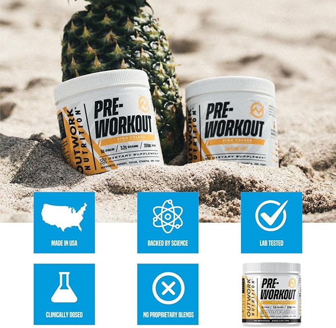 Outwork Nutrition Pre Workout Powder for Men & Women - Pre-Workout Supplements Without Creatine, Nootropic Preworkout with Citrulline Malate Beta Alanine Taurine Rhodiola Caffeine (Pina Colada)