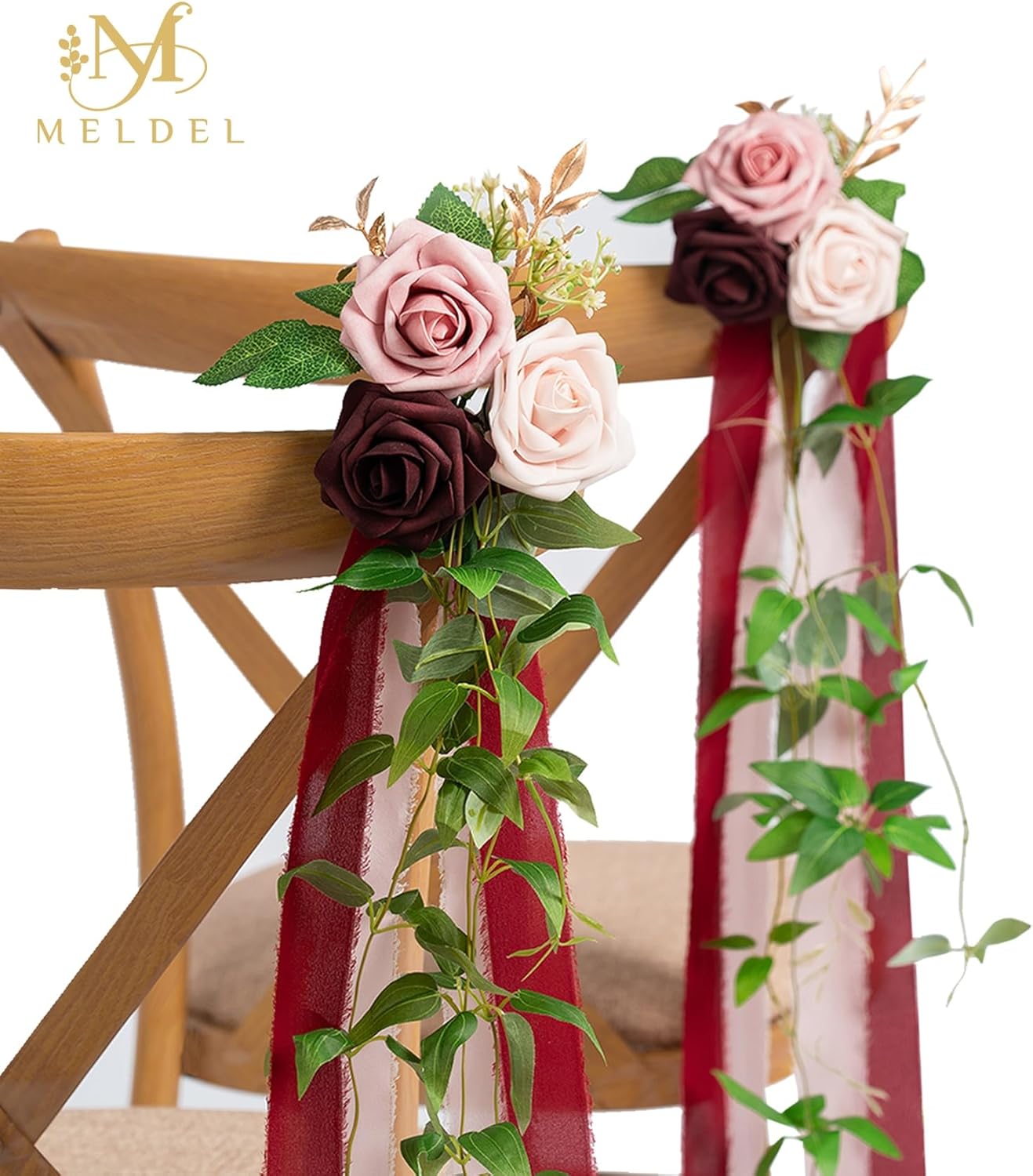 Meldel Wedding Aisle Decorations for Ceremony 10 Pcs/Set Burgundy Pink Rose Garland with Hanging Ribbons Church Chair Decorations Party Decor Arrangement Wedding Pew Decor Flower
