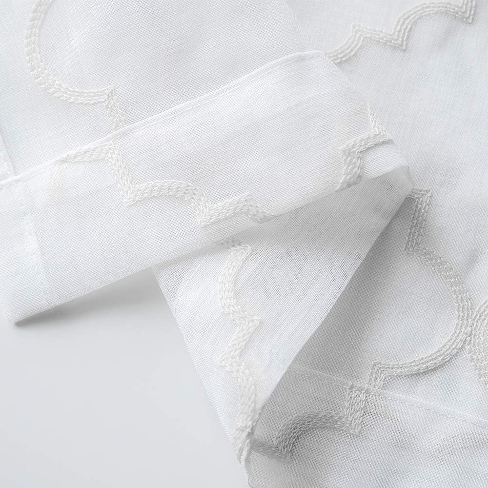 Embroidered Moroccan Tile Lattice Design Sheer Curtains White 45 Inch Length, Rod Pocket Voile Drapes for Living room, Bedroom, Window Treatments Semi Curtain Panels for Yard, Set of 2, 52"x 45".