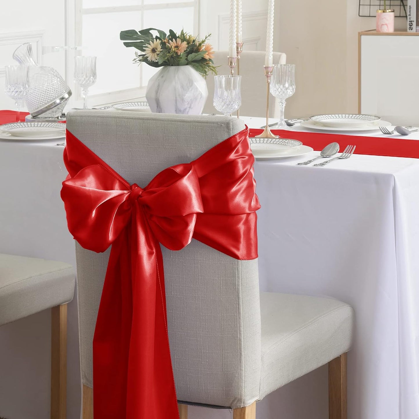 24Pack Table Runner 12 x 108 Inches Satin Silk Table Runner for Wedding, Birthday Party, Banquets, Graduations Decoration, fit Rectange and Round Table-Scarlet