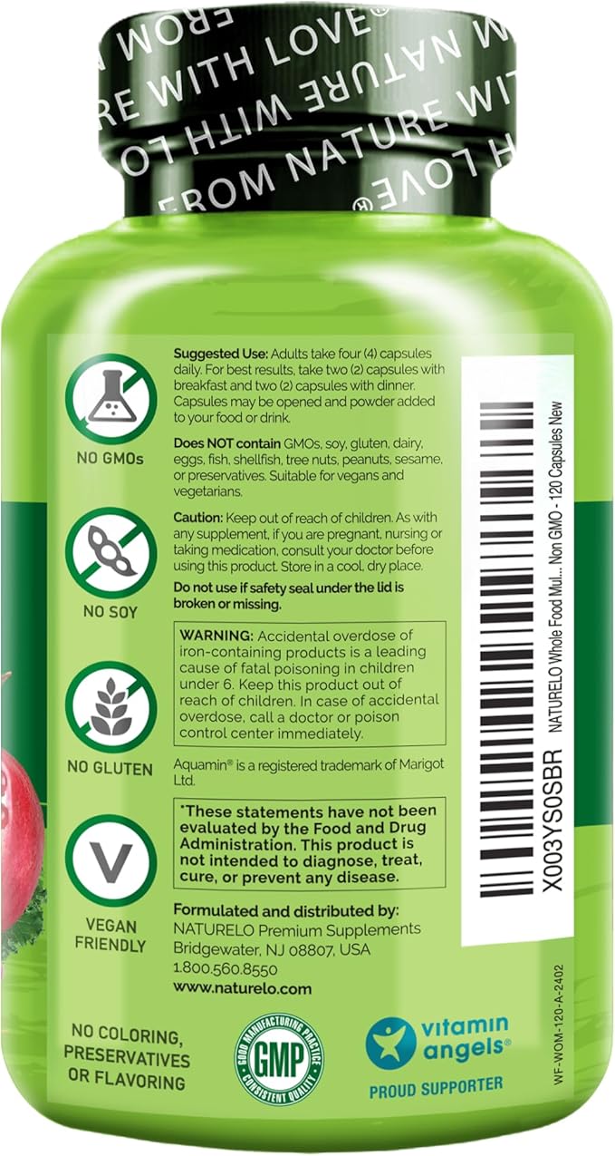 NATURELO Whole Food Multivitamin for Women - with Vitamins, Minerals, & Organic Extracts - Supplement for Energy and Heart Health - Non GMO - 120 Vegan Capsules