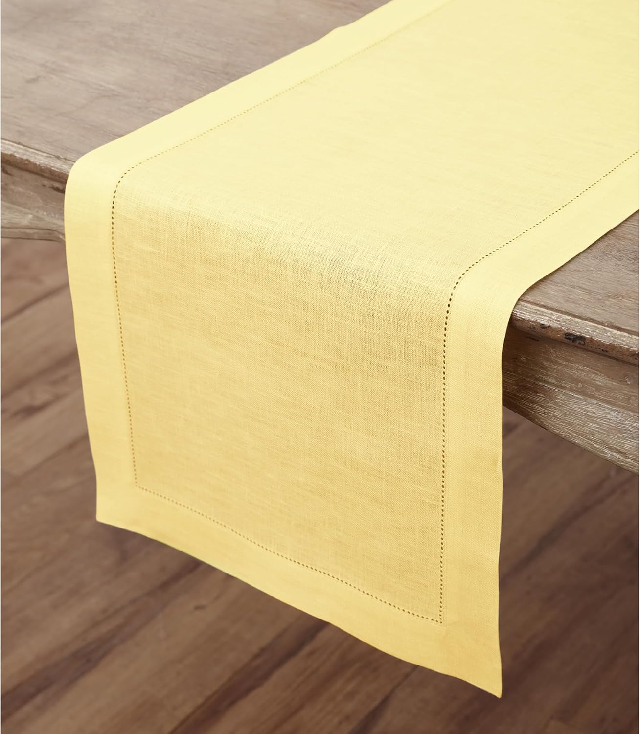 Solino Home Linen Yellow Table Runner 120 Inches Long - 100% Pure Linen Hemstitch 14 x 120 Inch Table Runner for Dining - Classic Hemstitch