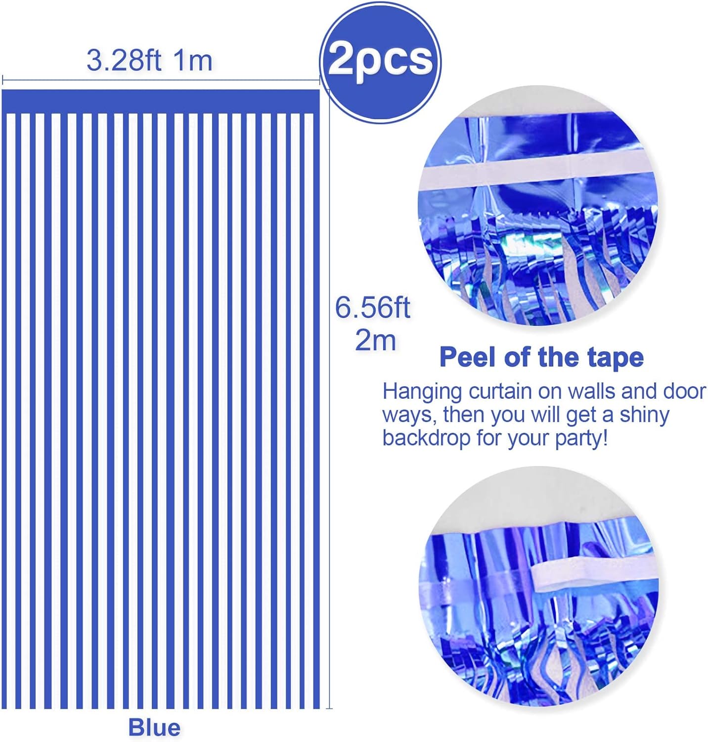 2 Pcs Blue Metallic Tinsel Foil Fringe Curtains Backdrop, 3.28 ft x 6.56 ft Streamers for Birthday Gender Reveal Wedding Photo Booth Bachelorette Party Bridal Shower Baby Shower Decorations Supplies