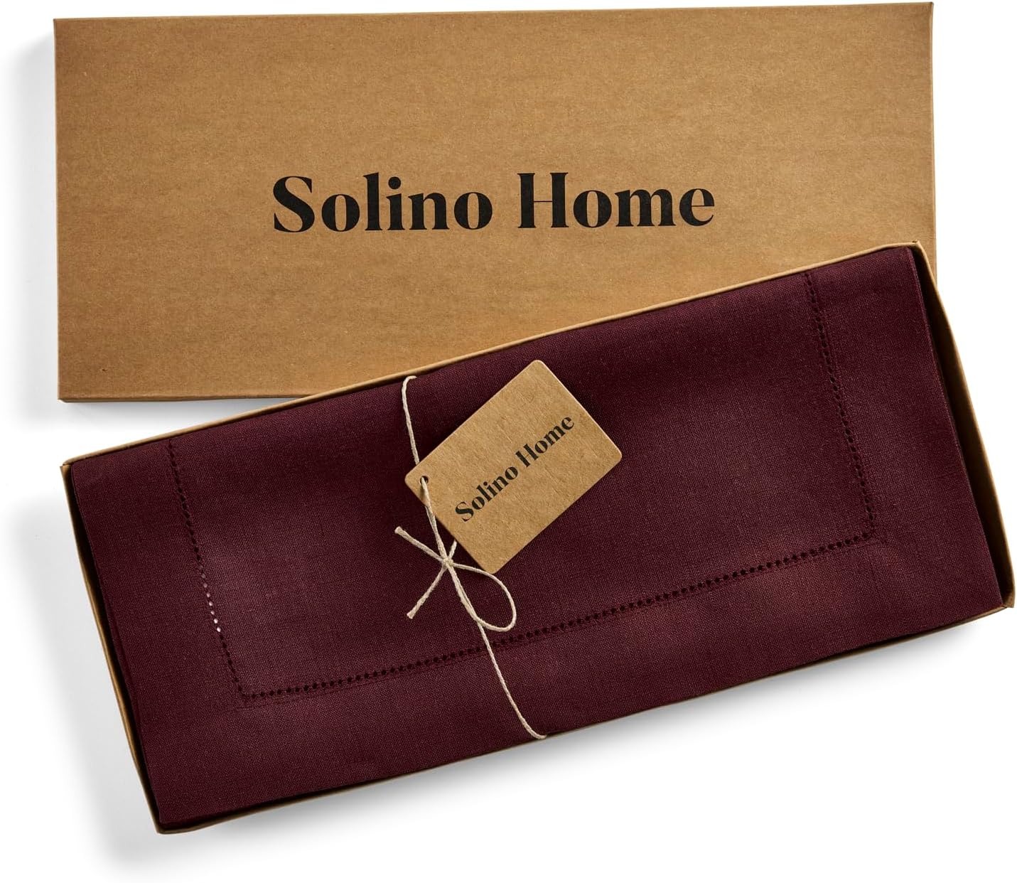 Solino Home Linen Burgundy Table Runner 144 Inches Long - 100% Pure Linen Extra Long Table Runner 14 x 144 Inch for Fall, Autumn, Thanksgiving, Christmas, Holiday - Classic Hemstitch