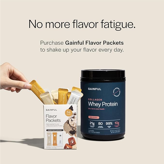 Gainful Collagen Whey Protein Powder, 21g Protein per Serving, Unflavored, Supports Muscle Recovery, Joint Health, and Skin Hydration with Grass-Fed Collagen Peptides, Vitamin C, 14 Servings