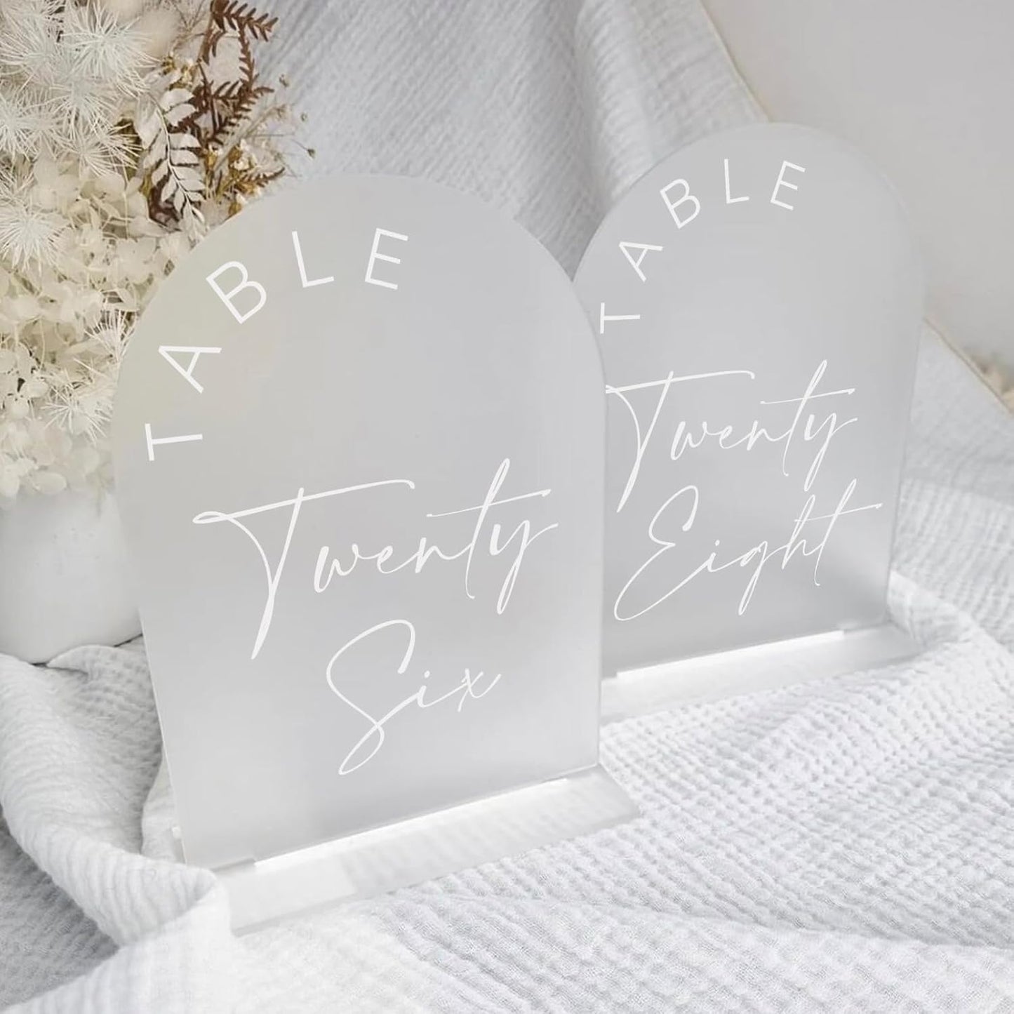 JINMURY Frosted Arch Wedding Table Numbers 1-15 with Stands, 5x7 Inch Frosted Arch Acrylic Sign with White Letters, Arched Acrylic Table Numbers for Wedding Reception