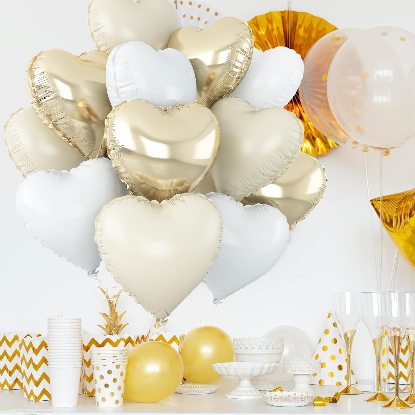 Cream White Heart Balloons,12Pcs Sand White Gold Heart Shaped Foil Balloons,18Inch Beige Helium Polyester Film Balloon for Boho Baby Shower Birthday Bridal Shower Wedding Party Decorations