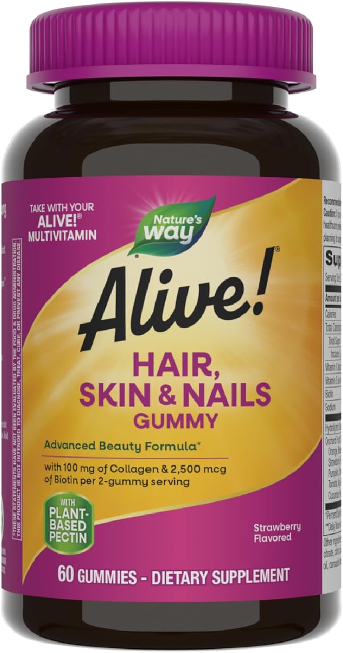 Nature's Way Alive! Hair, Skin & Nails Gummies, Advanced Beauty Formula*, with Biotin and Collagen, Strawberry Flavored, 60 Gummies (Packaging May Vary)