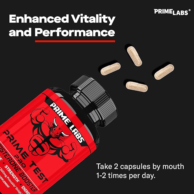 Prime Labs Prime Test Pro - Testosterone Supplement for Men - Test, Vitality, & Energy Booster - with Ashwagandha, PrimaVie Shilajit Extract, & DIM - 60 Capsules