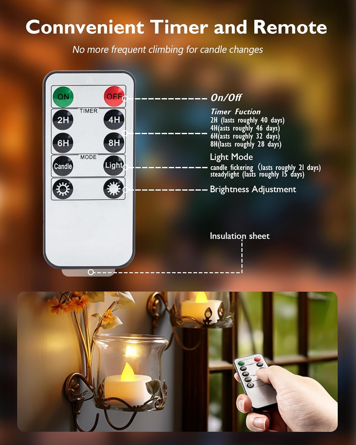 Homemory 12pcs Flameless LED Tea Lights with Remote & Timer, 400+Hours Realistic Flickering Battery Candles for Seasonal, Tabletop, and Centerpieces Decor