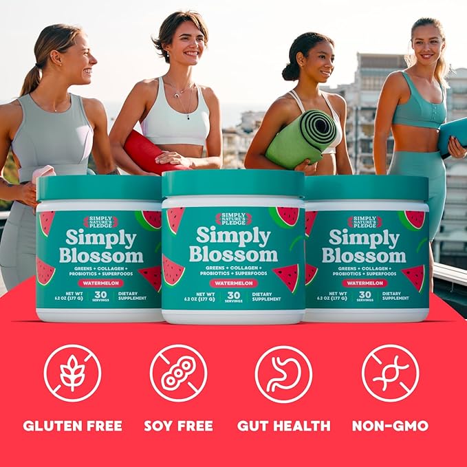 Simply Blossom Nutrition Daily Greens & Superfood Powder + Collagen + Probiotics for Women's Digestive Health & Bloating Relief. Help Your Health Bloom - 3 Month Supply - Watermelon