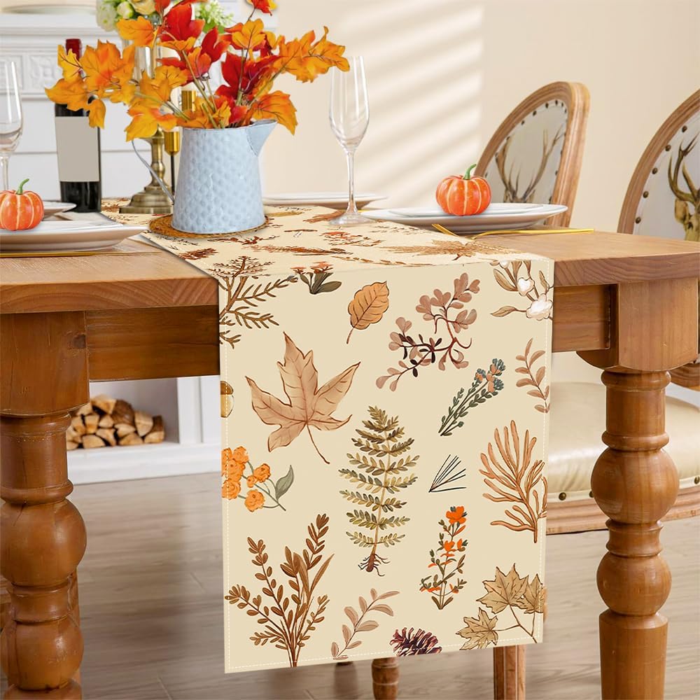 Grey Wildflower Leaves Floral Fall Table Runner, Seasonal Autumn Harvest Thanksgiving Burlap Farmhouse Indoor Outdoor Fall Kitchen Dining Decoration for Home Party 13x72 Inch