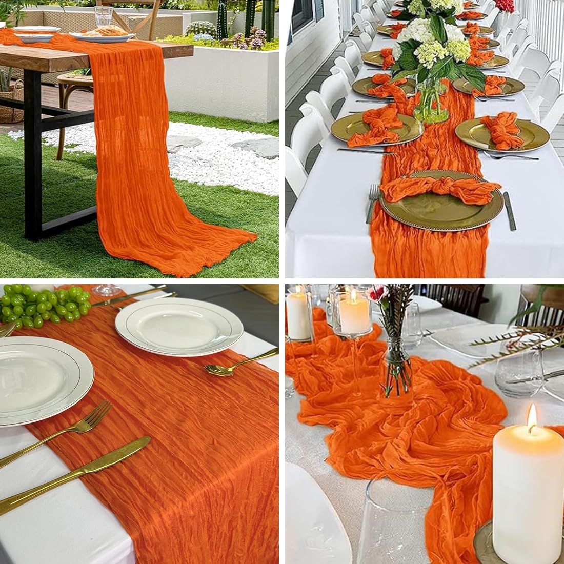 10 Pack Orange Cheesecloth Table Runner -21*120Inch Long Boho Wedding Table Decor, Rustic Gauze Fabric Runner for Bridal Showers, Baby Showers & Parties (Sheer, Lightweight, Wrinkled Design)