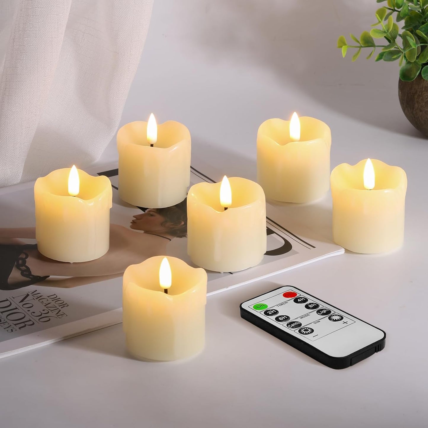 Eywamage Ivory Dripping Wax Flameless Votive Candles with Remote Batteries, 2x2 in Flickering Christmas LED Candles Set of 6